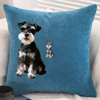 Chenille cushion cover with polyester-cotton cushion insert, custom pet portrait embroidery