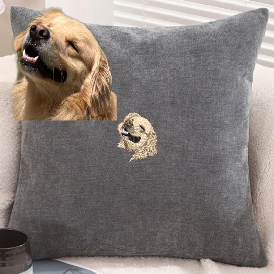 Chenille cushion cover with polyester-cotton cushion insert, custom pet portrait embroidery