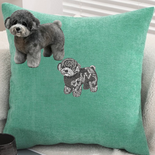 Chenille cushion cover with polyester-cotton cushion insert, custom pet portrait embroidery