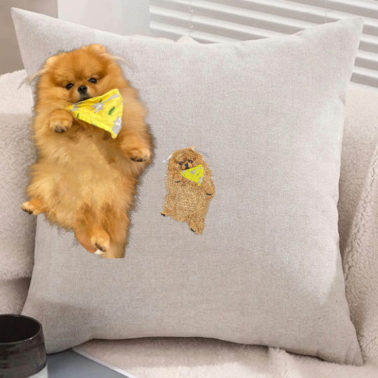 Chenille cushion cover with polyester-cotton cushion insert, custom pet portrait embroidery