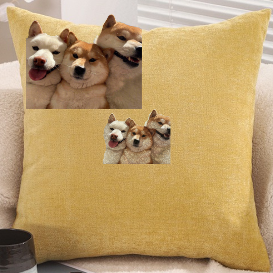 Chenille cushion cover with polyester-cotton cushion insert, custom pet portrait embroidery