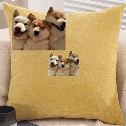 Chenille cushion cover with polyester-cotton cushion insert, custom pet portrait embroidery