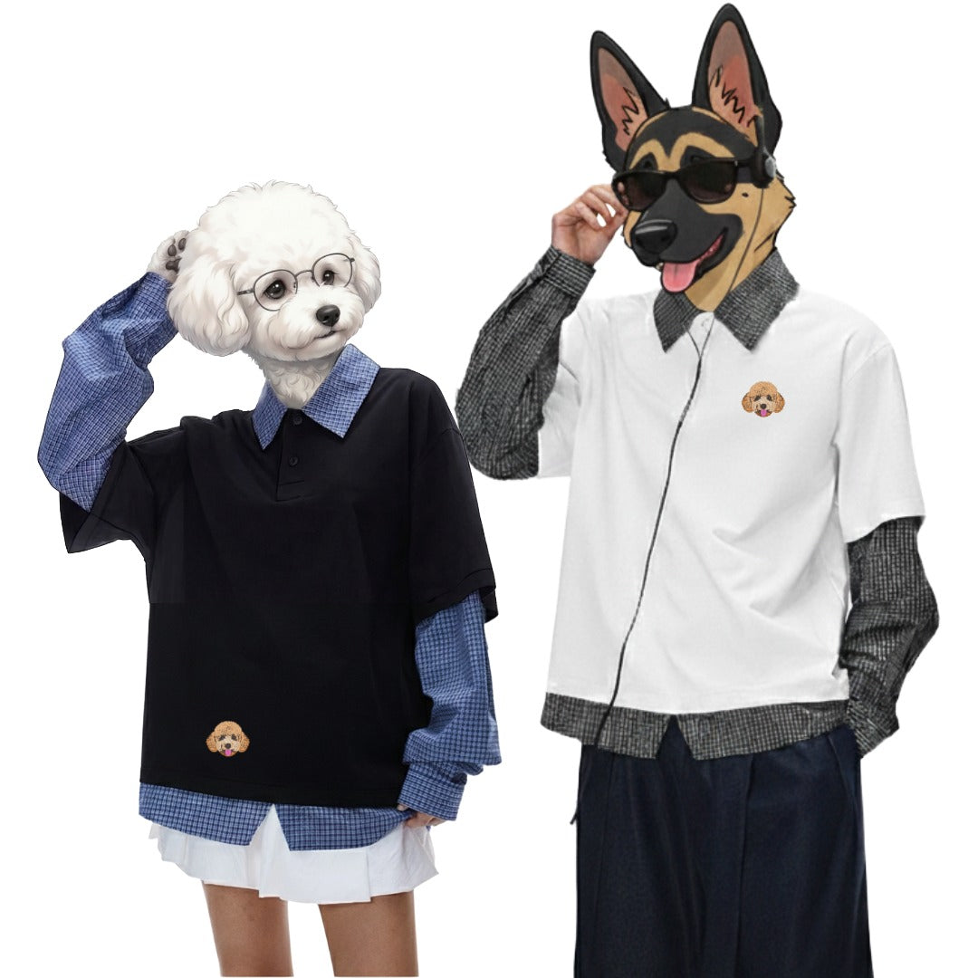 綿混重ね着風シャツ　オーダーメイドペットポートレート刺繍