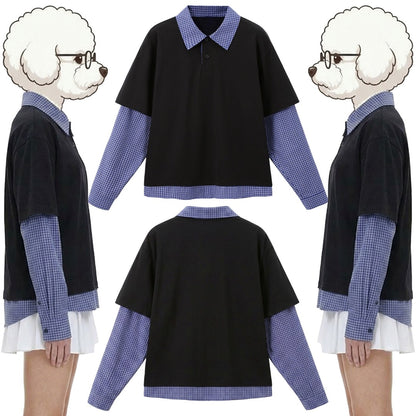 綿混重ね着風シャツ　オーダーメイドペットポートレート刺繍