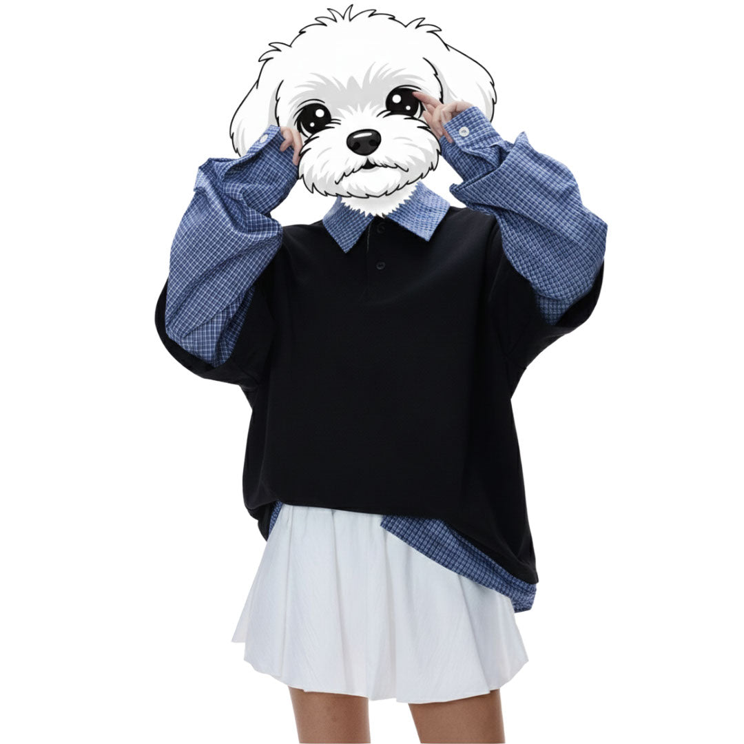 綿混重ね着風シャツ　オーダーメイドペットポートレート刺繍