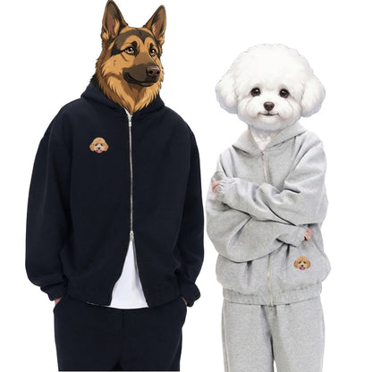 綿混ダブルジップパーカー　オーダーメイドペットポートレート刺繍